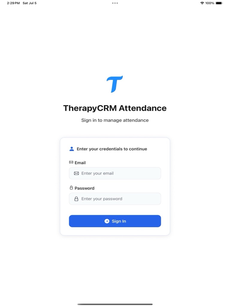 TherapyCRM Attendance app login screen on a tablet