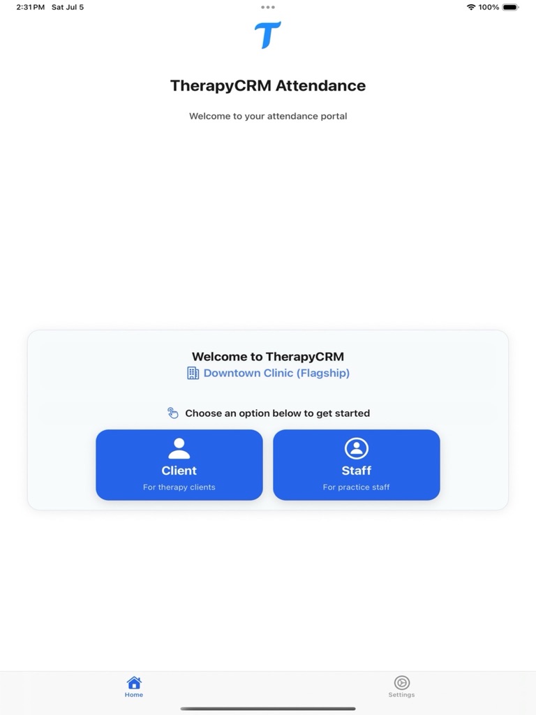 TherapyCRM Attendance home screen showing today's check-ins