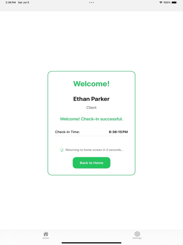 Check-in confirmed for a therapy session